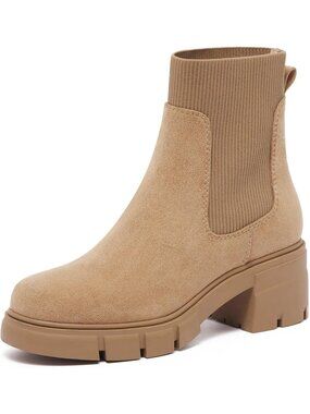 Women's Beige Faux Suede Elastic Chelsea Chunky Block Heel Lug Sole Ankle Boots
